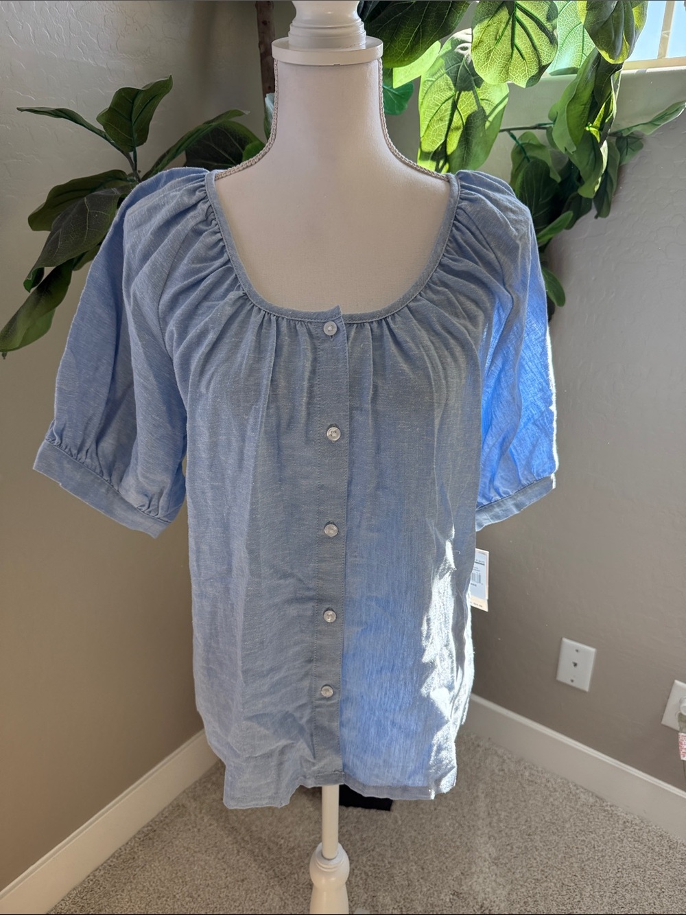 Maison Jules Light Blue Puff Sleeve Button-Front Top